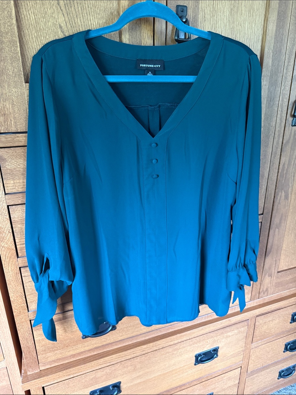 Forest Green  V-Neck Long-Sleeve Blouse